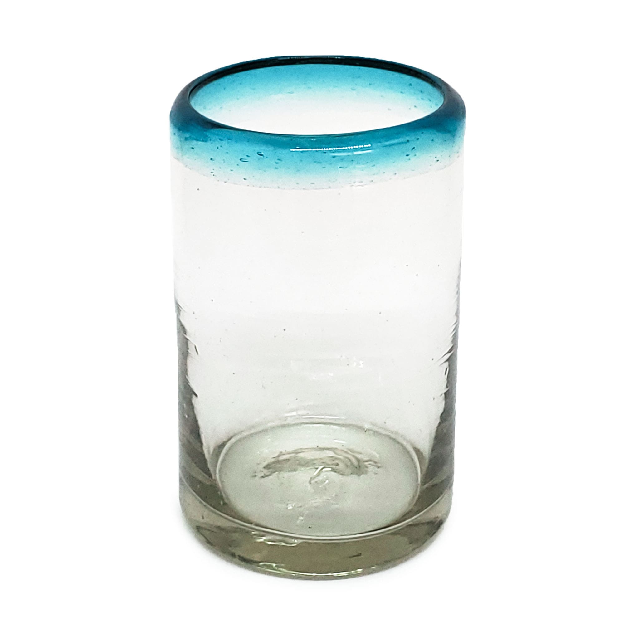 Vasos de Vidrio Soplado / Juego de 6 vasos para jugo con borde azul aqua / Éstos vasos tienen el tamaño exacto para disfrutar jugo fresco de frutas por la mañana.